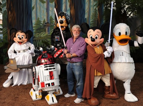 Filmmaker George Lucas meets "Star Wars"-inspired Disney characters at Walt Disney World Resort in Florida
