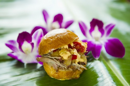 The Kalua Pork Slider (not the liqueur Kahlua but the Kalua barbecue method of cooking) returns to the Hawaii tasting marketplace 