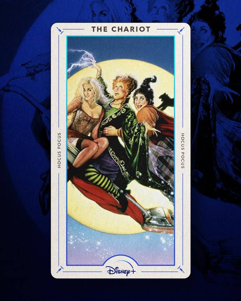 Bette Midler, Sarah Jessica Parker and Kathy Najimy in a drawn Tarot card for Hocus Pocus on Disney +