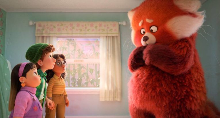 Giant red panda in a room with three other characters who look befuddled to see it there