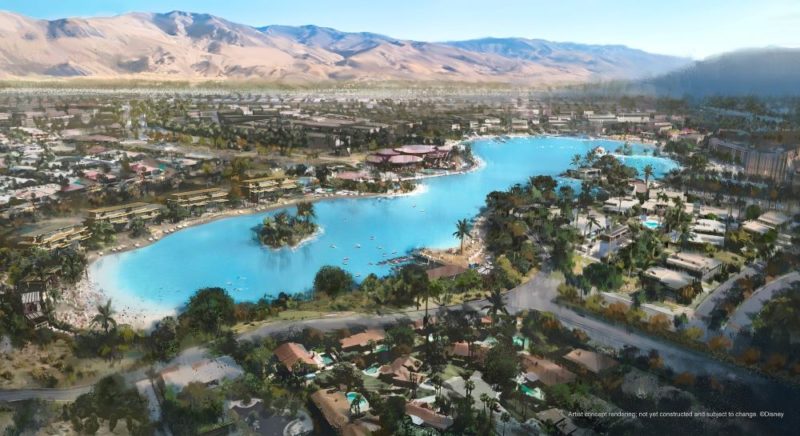 Cotino - a Storyliving by Disney community. Concept art shows aerial view of the blue lagoon surreounded by homes, condos and shopping districts.