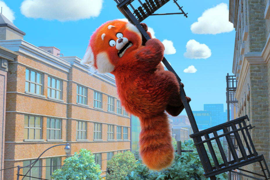 PIxar's Turning Red - Panda hands on to collapsing fire escape